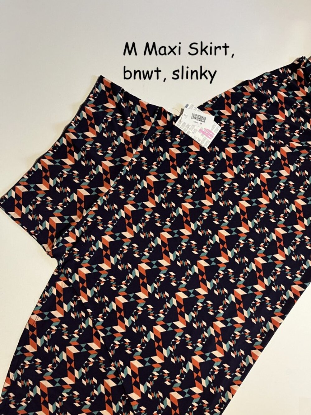 Medium Lularoe Maxi Skirt, navy with tan, rust, green chevrons, slinky